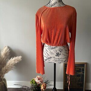 Nasty Gal Pleated Orange Long Sleeve Top with Tie Waist - Size US 4